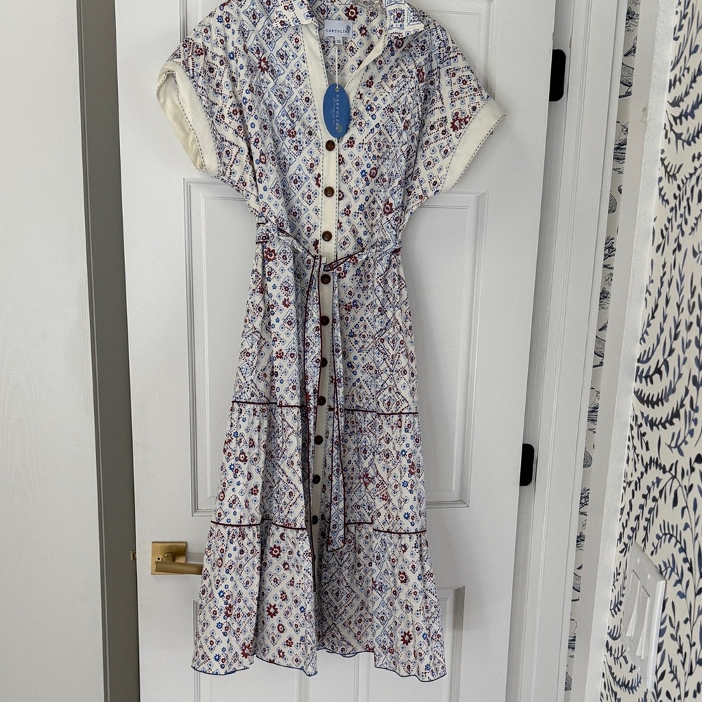 Tiered Button-Front Midi Dress in Cream with Blue & Red Floral